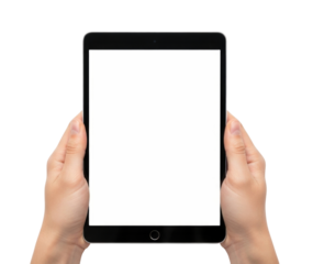 Hands holding a tablet with a white screen transparent background cutout png