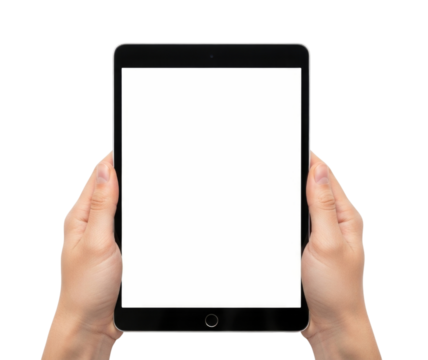 Hands holding a tablet with a white screen transparent background cutout png - Powered by Adobe
