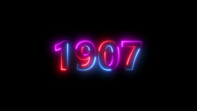 1907 Sal number neon bright colorful animation. Clock icon 1907-year beautiful neon text concept on black background.