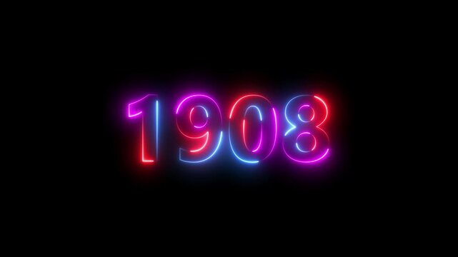 1908 Sal number neon bright colorful animation. Clock icon 1908-year beautiful neon text concept on black background.