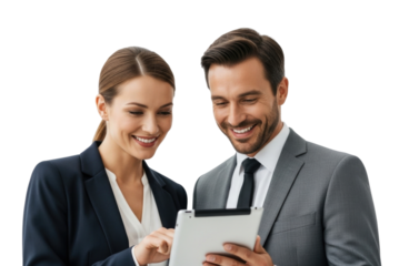 Business professionals reviewing tablet transparent background cutout png