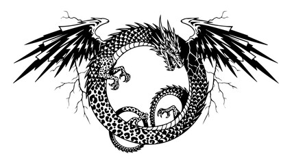 Obraz premium Ouroboros Dragon with Bat Wings - Black Ink Eternal Cycle Tattoo Design & Mythology Art