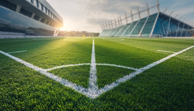 Football field center line close up with green grass at sunset - Powered by Adobe