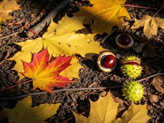 Autumn scene with vibrant yellow and red maple leaves scattered on dark ground alongside shiny brown chestnuts and spiky green horse chestnut husks
