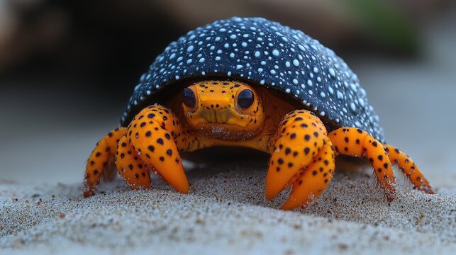 A vibrant orange crab with black spots emerges from its blue shell on a sandy beach, radiating warmth and curiosity in this close-up capture.