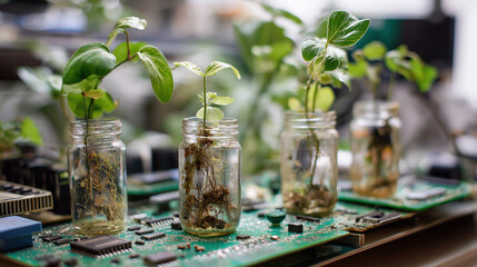 Potted Plants in Glass Jars on Green Circuit Board, Roots and Electronics Tech-ecology Fusion Desktop Concept