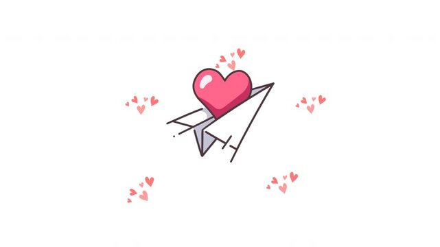 Cute paper plane animation carrying a pink heart with floating love elements. Transparent background, perfect for social media, messages, romantic videos, stickers, and creative Valentine projects.