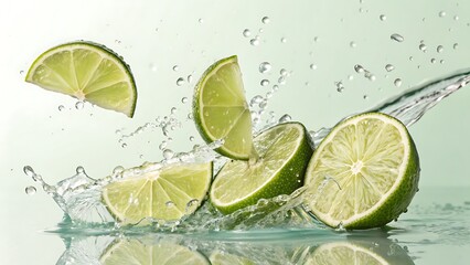 Lime Splash: Vivid lime slices burst with refreshing zest as they interact with crystal-clear water, creating a vibrant dance of flavors.