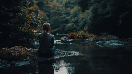 Woman Meditating on Rock at Water's Edge, Serene Back View with Forest Reflection for Mindful Nature Themes