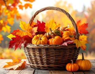 A wicker basket overflowing with pumpkins and colorful autumn leaves, outdoors