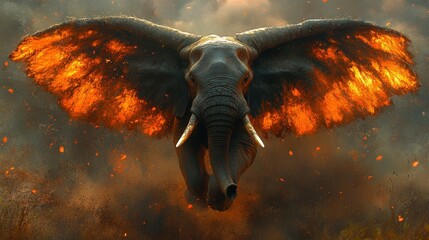 A majestic elephant adorned with vibrant orange wings dominates a scene of intense sparks and embers, representing transformation, power, and rebirth.