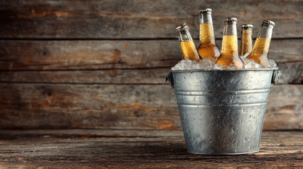 Cold beer bottles in metal bucket with ice on wooden table with rustic background for party