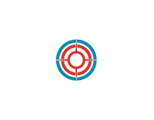 A minimalistic logo design featuring a concentric circle target, red and blue against a white background
