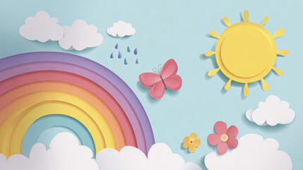 Colorful rainbow with sun, clouds, raindrops, butterfly, and flowers in cheerful paper cutout style