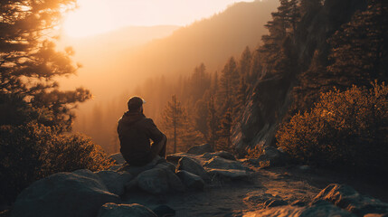  Man Sitting on Mountain Peak at Sunset Contemplating Landscape, Warm Golden Hour Light Over Forest