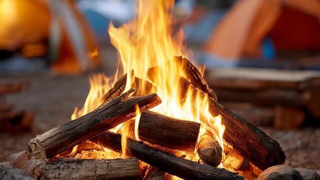 Close-up shot of a bright, crackling campfire burning logs in a stone fire pit, with blurred camping tents in the background.