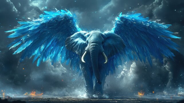A majestic blue elephant with expansive wings stands amidst a dramatic, stormy sky. This image evokes feelings of wonder, power, and the fantastical.