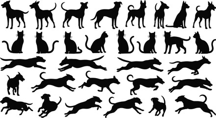 Dog and cat silhouette vector illustration set, different pet poses, domestic animals walking running sitting shapes for design and decoration