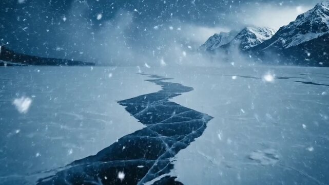 Cracked Ice on a Frozen Lake with Snow Falling and Mountains
