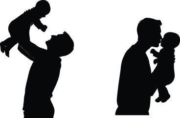 Father holding baby silhouette showing love and bonding moments, dad lifting child and kissing infant, tender family relationship illustration, parental care