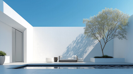 Fototapeta premium Cloud Dancer themed Tranquil Minimalist Courtyard Design Featuring a Reflective Pool, Solitary Tree, and Stark White Walls Under a Clear Blue Sky, Evoking Calm. Colour of the Year 2026