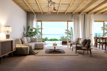 3D render of a modern contemporary coastal living room with gray sectional sofa, infinity pool, and tropical ocean view, blending indoor comfort with outdoor elegance.