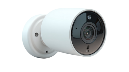 Modern smart home security camera with visible lens and motion sensor 3D rendered on white background