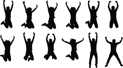 Happy people jumping silhouettes collection, joyful men and women celebrating success, excitement freedom energy movement, active lifestyle celebration poses vector illustration set