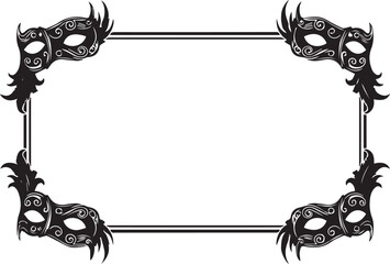 Elegant black masquerade masks frame a decorative border