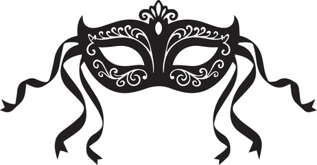 Elegant black masquerade mask with decorative filigree and ribbons