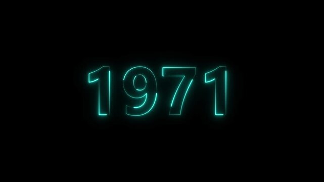 1971 Sal neon bright number cyan color animation. Clock icon 1971-year beautiful neon text concept on black background.
