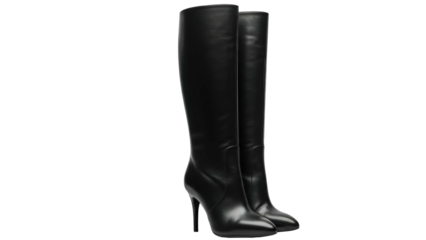 Pair of sleek, black knee-high leather boots with pointed toes and stiletto heels