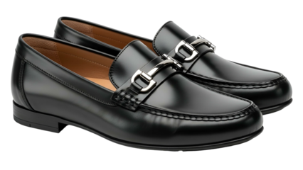 Polished, glossy black leather loafers, with silver bit detail. Perfect for formal wear