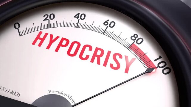 Hypocrisy off the charts. Meter showing increasing, dangerous and high levels of hypocrisy, potential overload. Maximum and critical hypocrisy