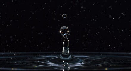 A crystal clear water drop suspended mid-air against a dark, moody background, illustrating the precise moment of precipitation and natural purity ,impact ,falling ,condensation