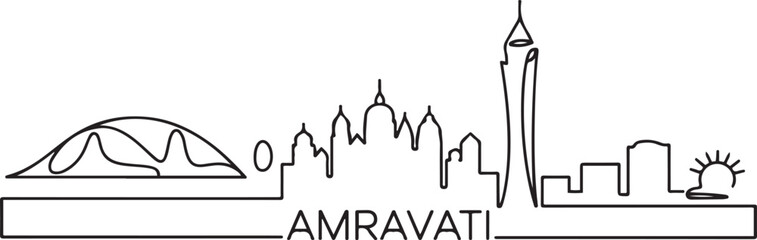 Minimalist one line art illustration of the Amravati city skyline with its name. one line Icon drawing