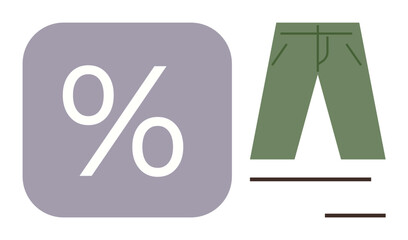Purple square with percent sign and green trousers symbolizing discounts, offers, and clothing deals. Ideal for retail, fashion, promotions, sales, shopping apparel marketing. Simple flat metaphor