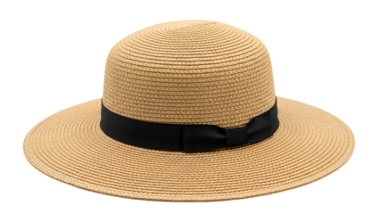 Woven sun hat with wide brim, a black band, and a bow. Light brown/beige color
