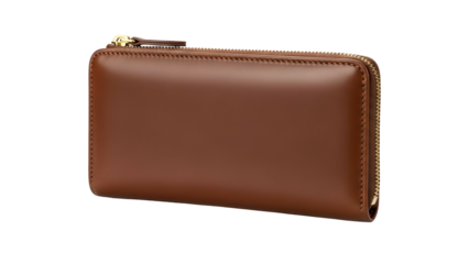 Shiny brown rectangular leather wallet with a gold-colored zipper, on black background