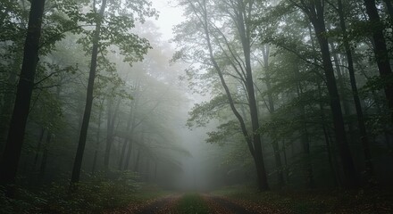 Fototapeta premium A dense, ethereal woodland scene shrouded in thick morning mist and fog, creating a peaceful yet mysterious and chilling natural landscape ,scenic ,natural ,atmospheric