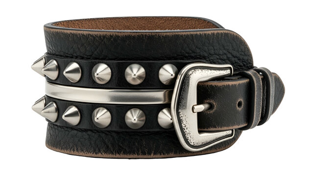 Distressed leather cuff bracelet with metal studs, bar, and buckle clasp