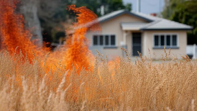 Dangerous grass fire flames fiercely next to a suburban house in dry conditions, creating extreme fire risk.