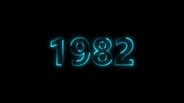 1982 Sal neon bright number cyan color animation. Clock icon 1982-year beautiful neon text concept on black background.
