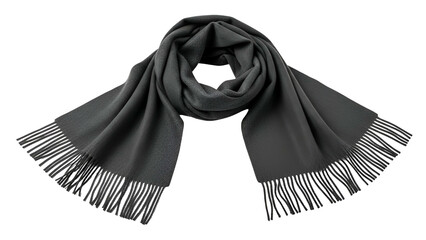 A flat-lay photo of a long, gray scarf with fringe on a transparent background