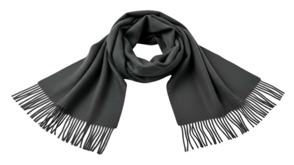 A flat-lay photo of a long, gray scarf with fringe on a transparent background