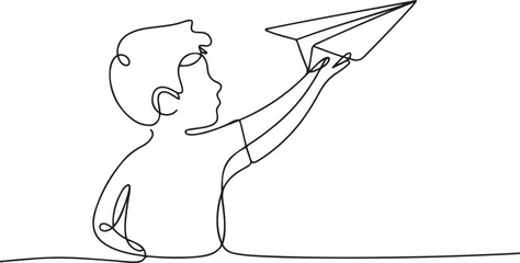 A boy prepares to fly his paper plane. Paper plane one-line drawing. one line Icon drawing