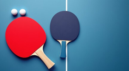 Table tennis paddles and balls on a blue surface with a white dividing line