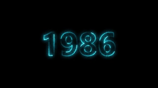 1986 Sal neon bright number cyan color animation. Clock icon 1986-year beautiful neon text concept on black background.
