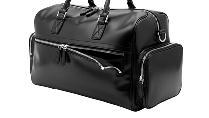 Glossy black leather travel bag, featuring zippers, handles, and a shoulder strap