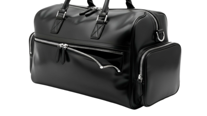 Glossy black leather travel bag, featuring zippers, handles, and a shoulder strap